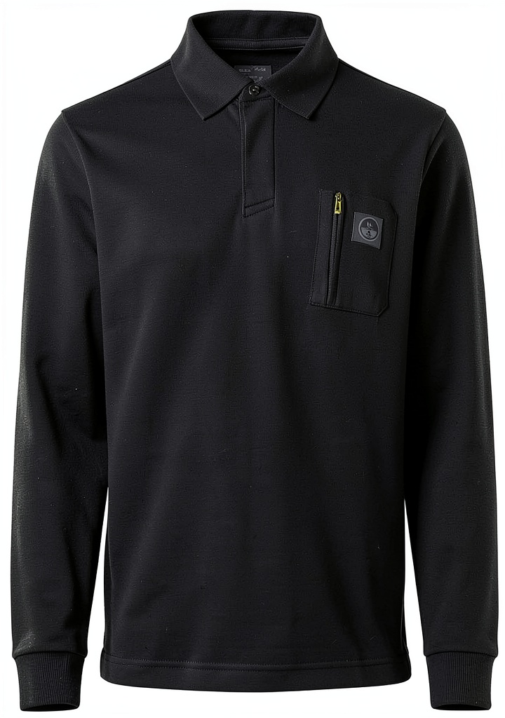 North Sails Polo Uomo Nero in cotone organico su sfondo urbano, evidenziando la texture del tessuto e la tasca con zip impermeabile